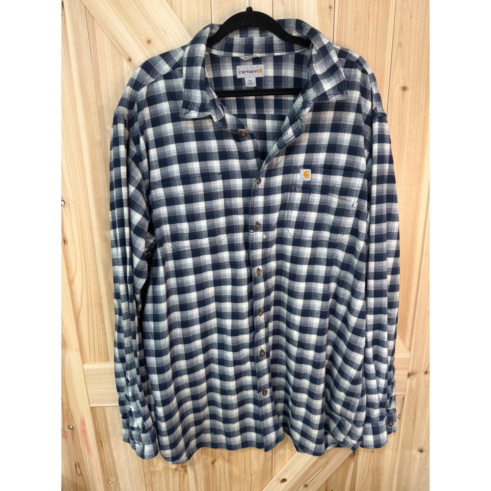 Carhartt Relaxed Fit Flannel Shirt Mens 3XL Tall Navy Plaid Long Sleeve Workwear